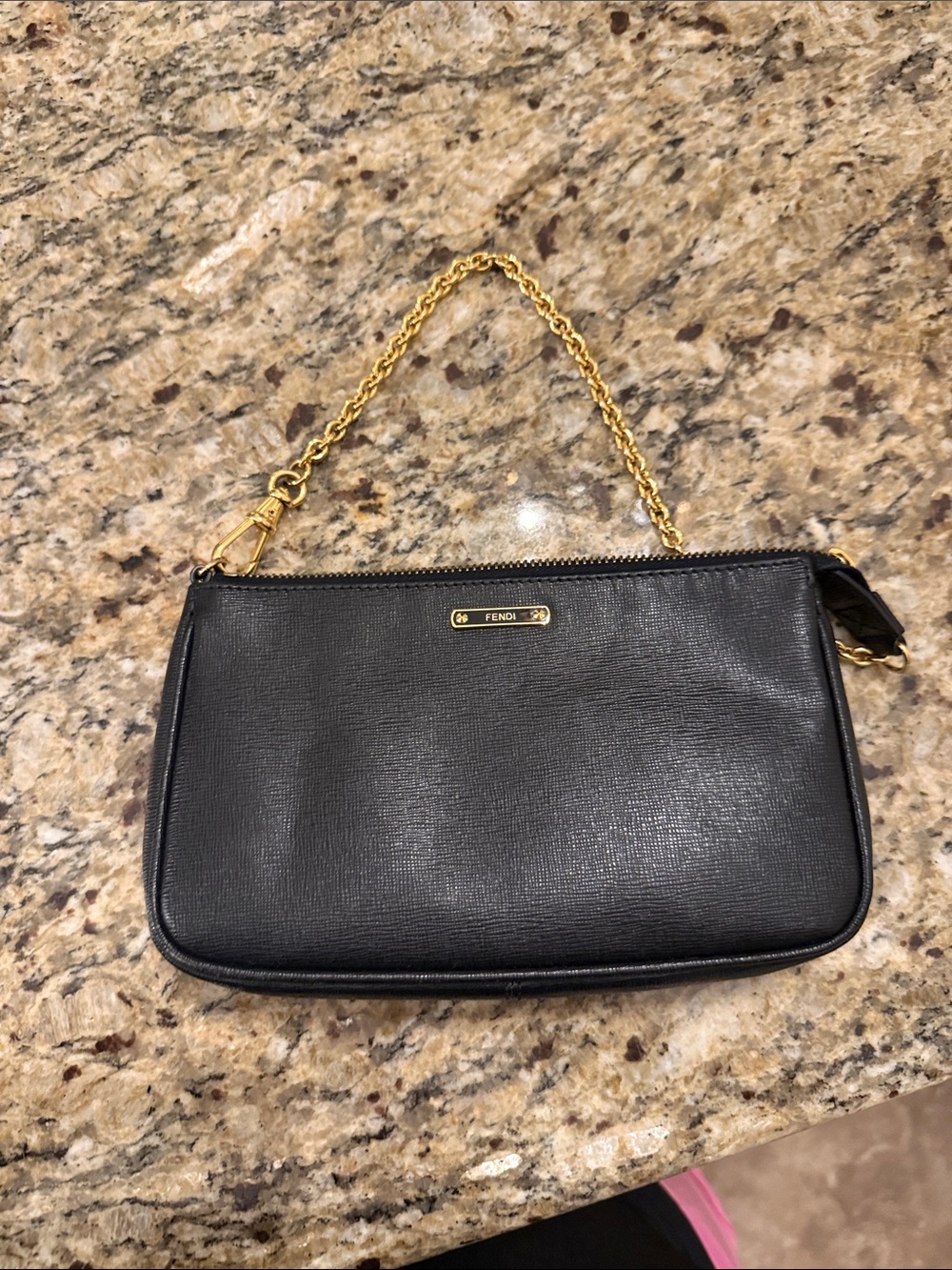 Authentic Fendi crayons pochette Black Textured Leather Shoulder Bag Gold Chain